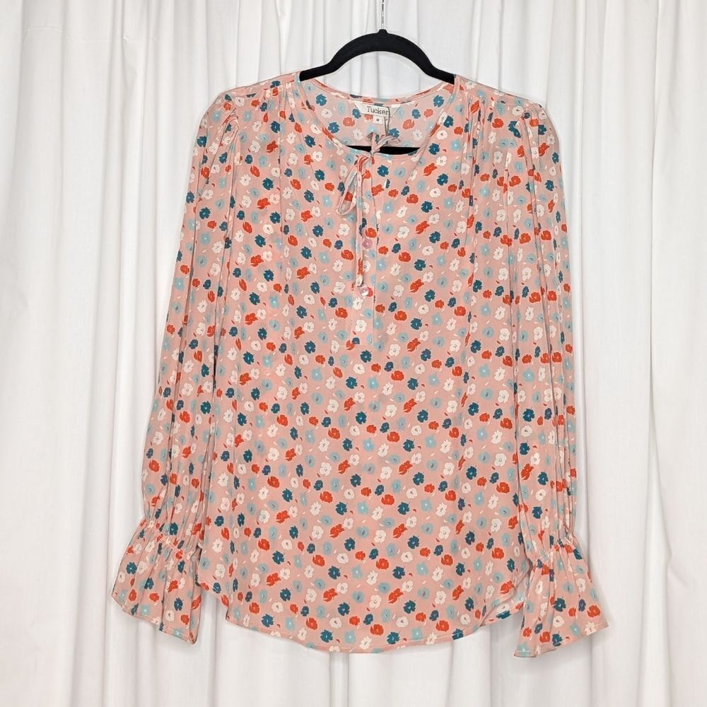Tucker NYC Juliette Blouse Mint Blush Poppies Micro in Silk Crepe de Chine Top